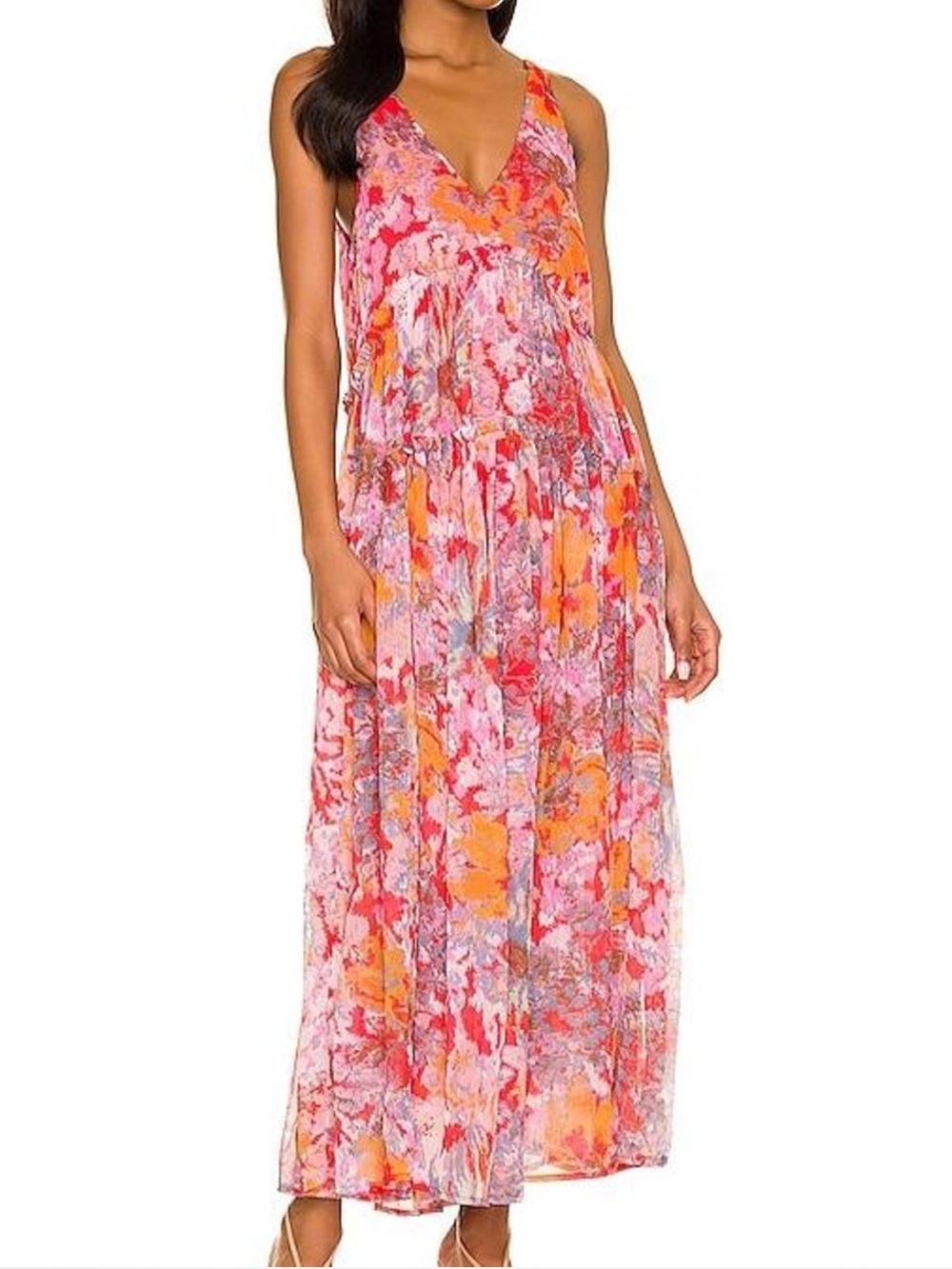 Free People Pink & Orange Floral V-Neck Maxi Dress